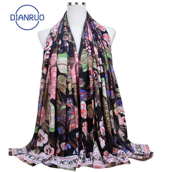 

dianruo female tassel hijab flower print versatile shawl new gold thread jacquard scarf muslim women long silk scarf r203 200930, Blue;gray
