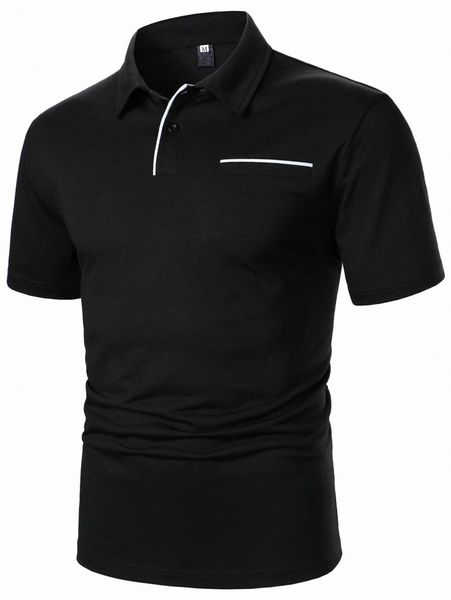

men contrast trim decor pocket polo shirt z8fl#, White;black