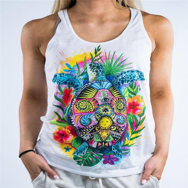 

colorful sea turtle oil 3d painting women camisole tank female fitness raceback gyms vest streetwear women clothes, White