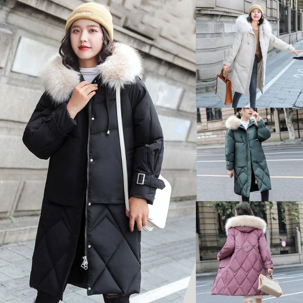 

winter jacket parkas solid color women's outerwear long coats hooded fur collar thick warm pocket cotton-padded jackets #0901, Black
