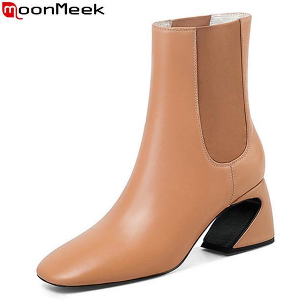 

boots moonmeek 2021 large size 34-41 fashion women genuine leather thick high heels square toe ankle, Black