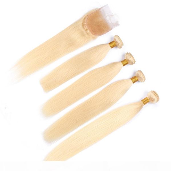 

virgin peruvian bleach blonde human hair weave bundles 4pcs with closure straight #613 blonde virgin hair wefts with 4x4 lace closure, Black;brown