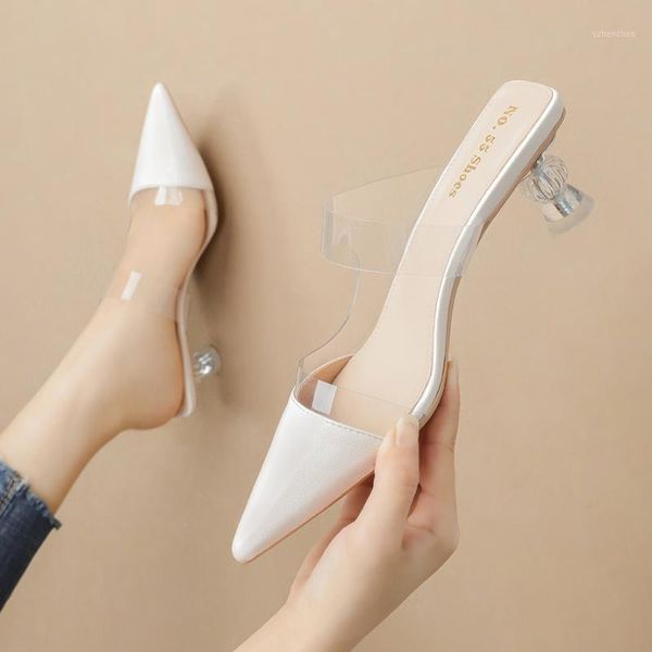 

slippers 2021 -selling white pointed shallow-heeled women's transparent sandals fine-heeled ladies 8131-51, Black