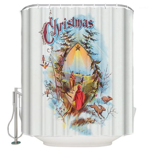 

2020 new christmas illustration retro crossing bathroom shower curtain waterproof polyester fabric shower curtains &12 hooks1