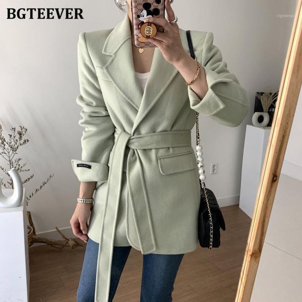 

bgteever autumn winter ladies belted blazer elegant full sleeve loose single-breasted thicken women suit jackets 20201, White;black