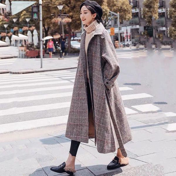 

2020 fashion women's winter wool woolen coat lapel loose large swing waist woolen coat red plaid female1, Black
