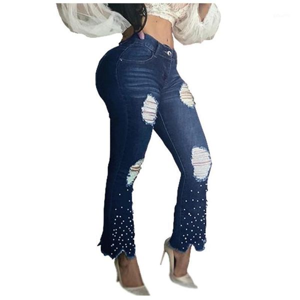 

jeans women denim vintage hole style womens straight bleached pocket high waist jeans casual elastic harem pants g31, Blue