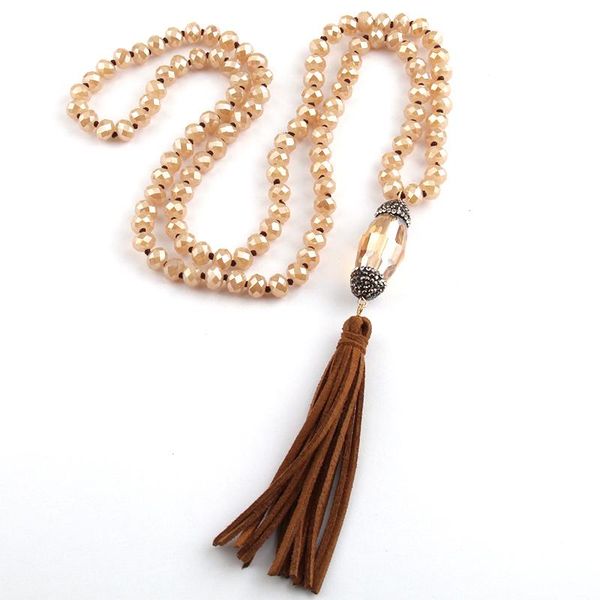 

fashion bohemian jewelry beige long crystal glass knotted handmake paved crystal tubes tassel necklace for women, Silver