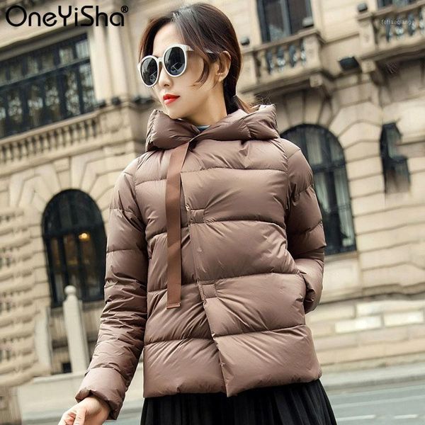

oneyisha 2020 winter short down jacket women ultra light 90% white duck down hooded parka female casual covered button outwear1, Black