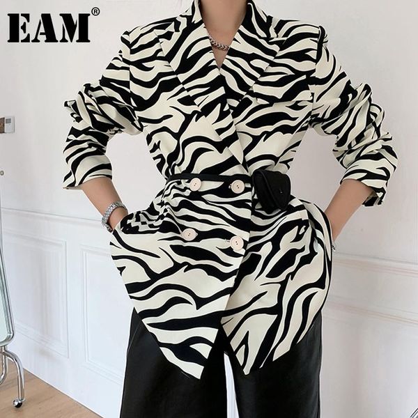 

[eam] women zebra pattern big size blazer new lapel long sleeve loose fit jacket fashion tide spring autumn 2021 1db329, White;black