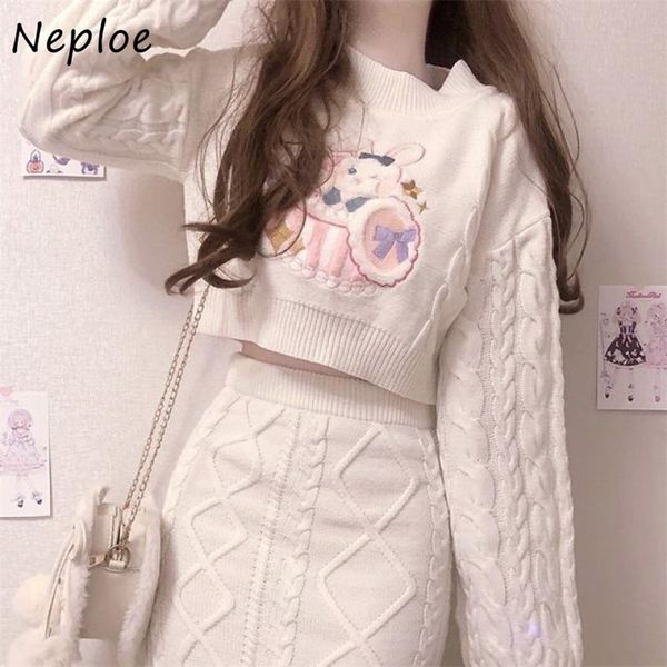 

neploe sweet two-piece suit female knitted skirt sets cute age-reducing crop + a-line sim twist mini skirts women 220314, White