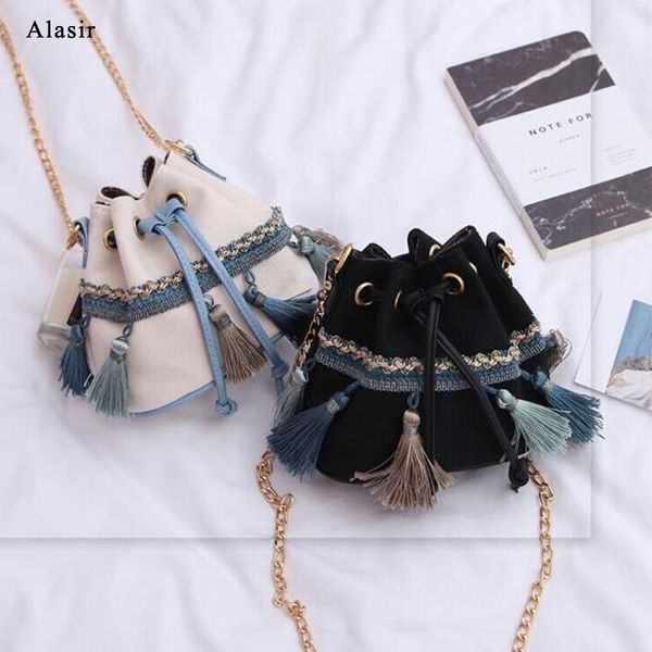 

alasir women shoulder bag canvas tassel bucket bag mini crossbody bags female string fashion tassel canvas women messenger bags