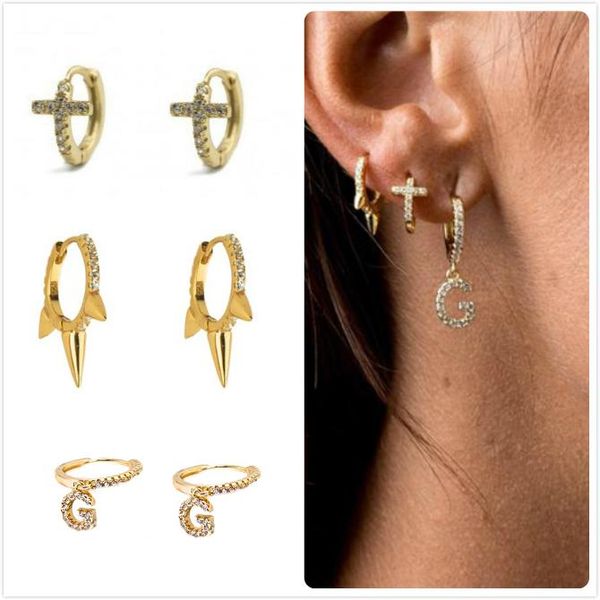 

925 sterling silver earrings for women zircon hoop earrings gold small ear bone piercing earring girl letter pendant r5, Golden;silver