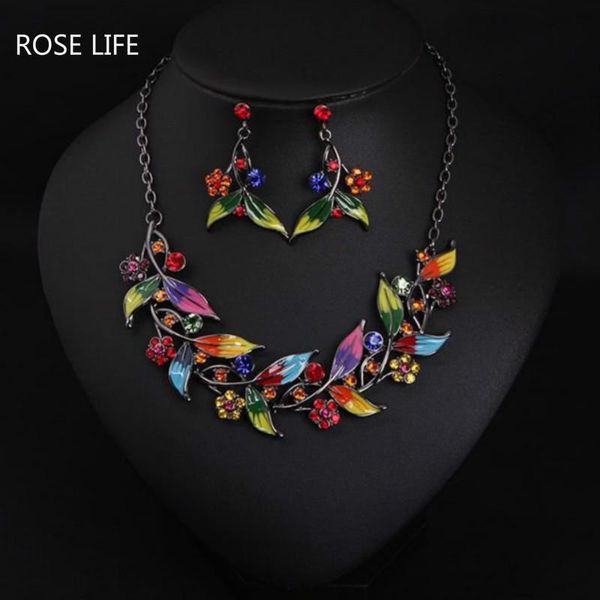 

rose life fashion colored leaves shaped alloy drops of oil earrings necklace set rhinestone clavicle chain ladies jewelry, Silver