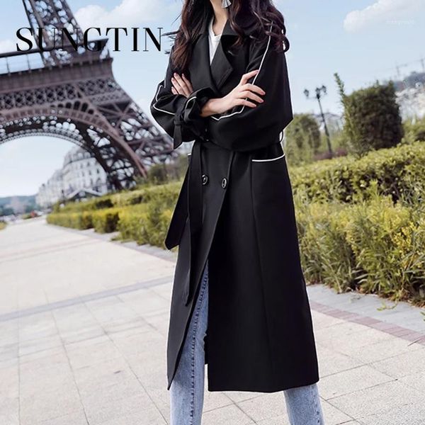 

sungtin vintage loose long black trench with belt women oversize casual double breasted trench coat korean windbreaker female1, Tan;black