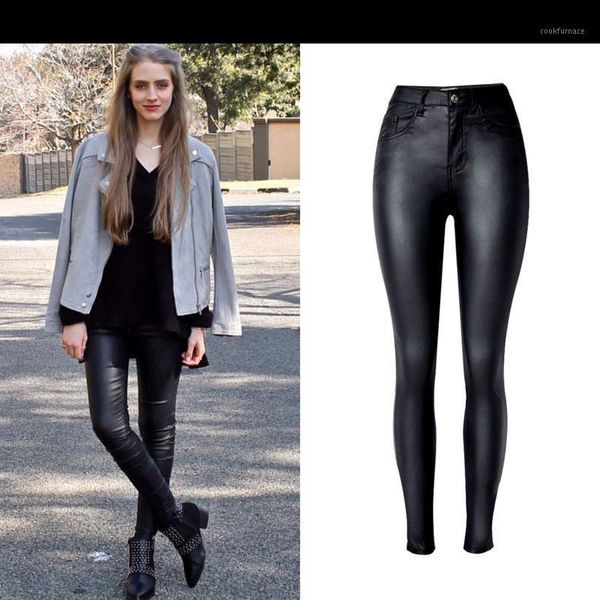 

autumn winter high waist slim stretch coated faux leather pants denim pants pu pocket wild large size fashion casual jeans k1681, Blue