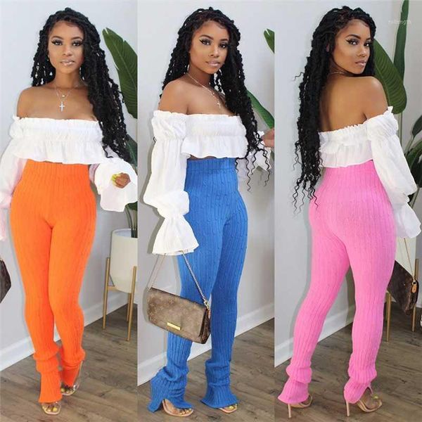 

women's high street knitting pants high-waist trousers solid color side split casual slimming wear trousers elastic pencil pants1, Black;white