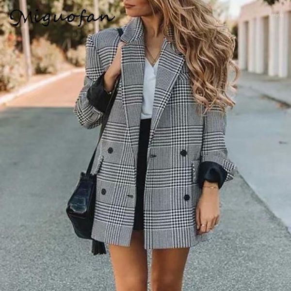 

miguofan plaid jacket winter autumn outwear fashion office ladies gray plaid long warm vintage female coat chaqueta mujer1, White;black