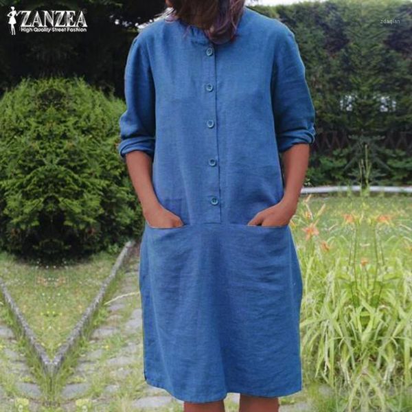 

casual dresses zanzea 2021 women's shirt dress sundress fashion button knee length vestidos female spring solid tunic robe oversized 5x, Black;gray