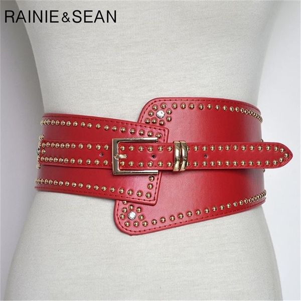 

rainie sean leather belts for ladies red wide belts for dresses women cummerbunds rivet red women's fashion corset y200513, Black;brown