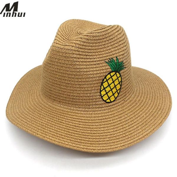 

minhui pineapple embroidery summer hats for women straw sun hat wide brim beach jazz caps headwear panama, Blue;gray