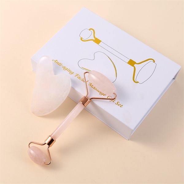 

massager roller face massager-lifting rose quartz natural jade slimming scraping mask brush three-piece set 220125