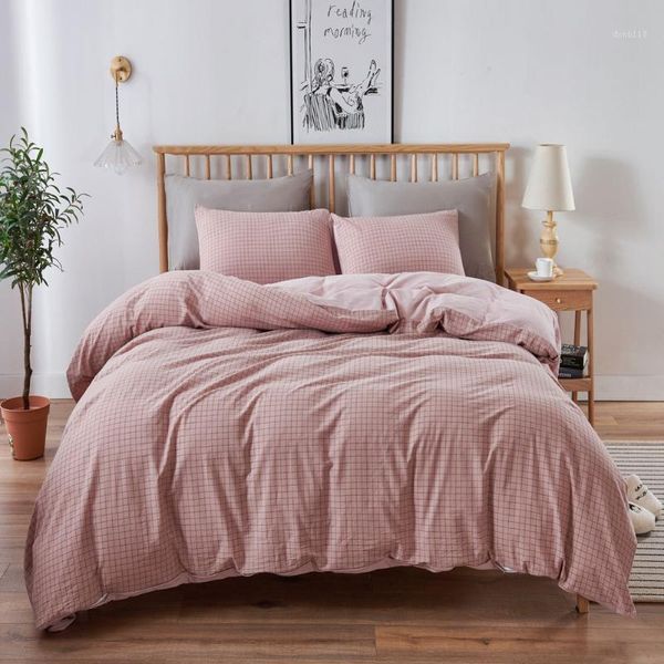 

home textile washed cotton checkered three piece bed sheet bedding1