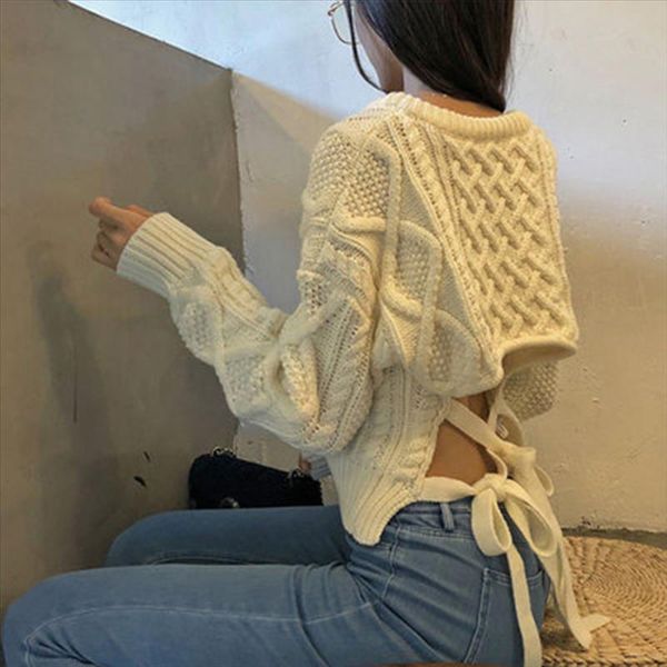 

knitted 2020 autumn winter sweater women sweaters and pullovers pull femme long sleeve lace up black jumper female, White;black
