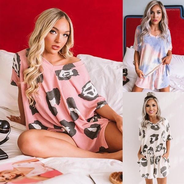 

two piece dress womenÂ´s home service suit summer casual print t-shirt + shorts split pajamas set nightwear1, White
