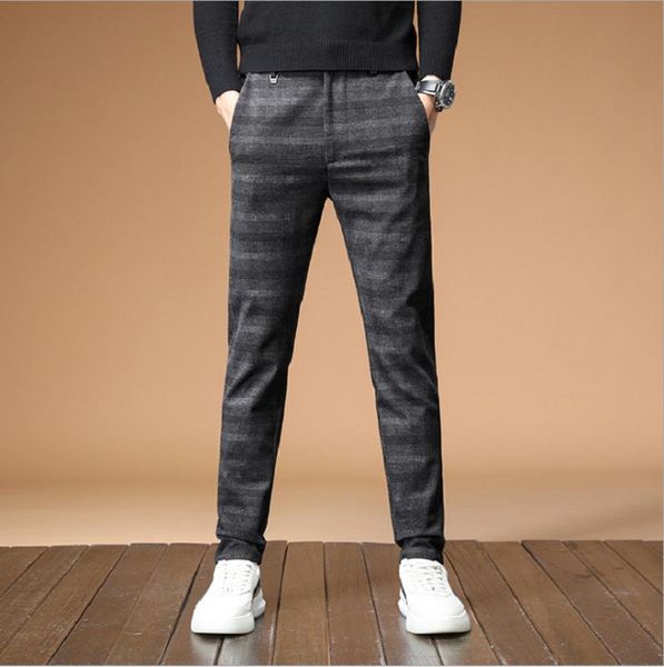 

men's pants brand men casual elastic long trousers male cotton plaid gray work pant autumn winter big size 28-38, Black