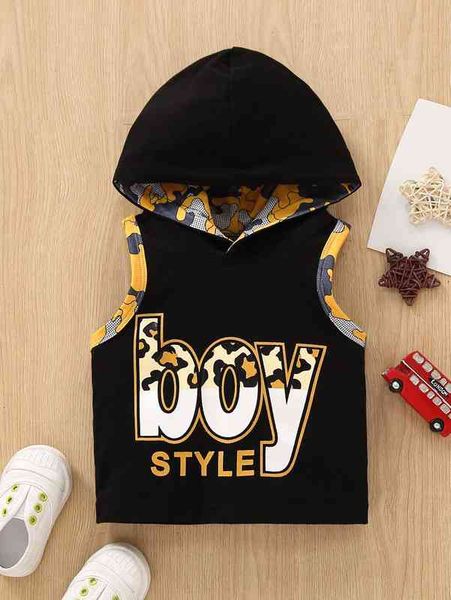 

baby leopard & letter graphic hooded tank she, Blue