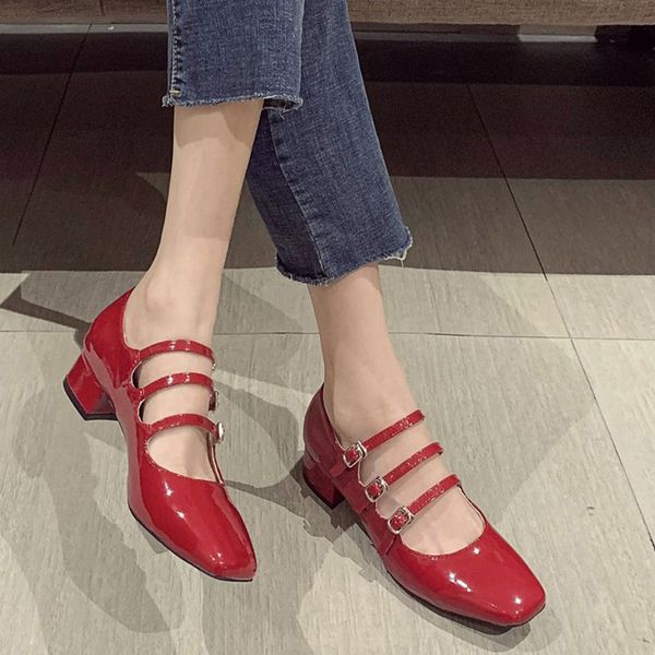 

2021 the new leather bombs women's fall double buckle square toe woman party office shoes ladies 7651, Black