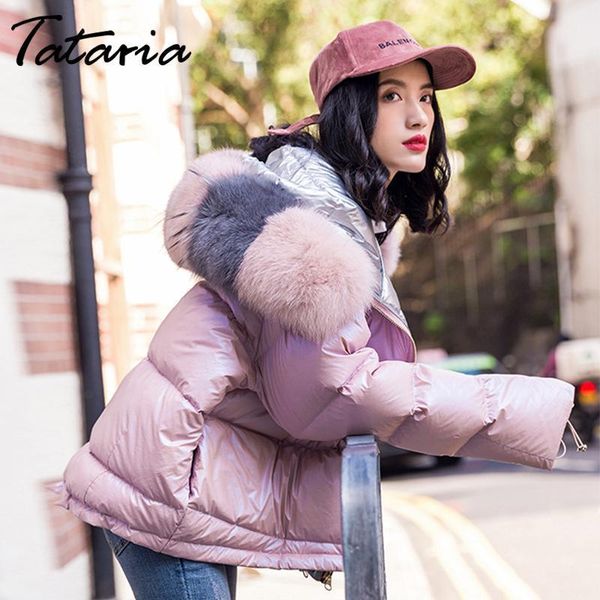 

tataria women winter thicken warm parkas women fur collar white duck down jacket female loose warm down parkas outerwear1, Black