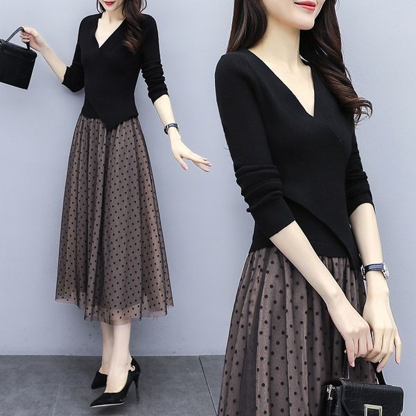 

women's 2020 spring new korean version of black long sleeve mid long style dress knee slim waist slim dress 4g40k, Black;gray