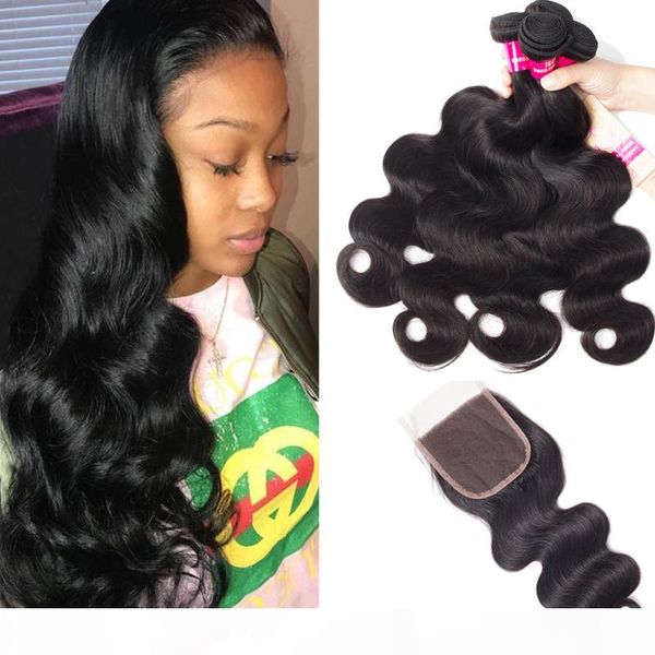

9a peruvian human hair 3bundles with 4x4 lace closure body wave straight loose wave kinky curly deep wave brazilian peruvian maalaysian hair, Black