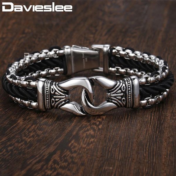 

davieslee fashion mens man-made leather bracelet stainless steel box link knot charm wristband 12/13mm gold silver color dhb496, Black