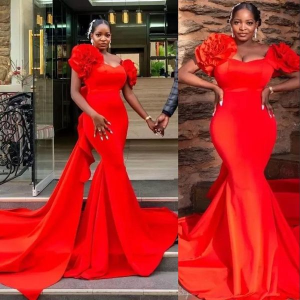 

2022 african red mermaid formal prom dresses hand made flowers robe de soiree party gowns long overskirt sweep train evening dress plus size, Black