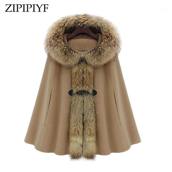 

women's wool & blends zipipiyf 2021winter coat women girl faux fur shawl hooded poncho batwing cape winter jacket cloak windbreaker1, Black