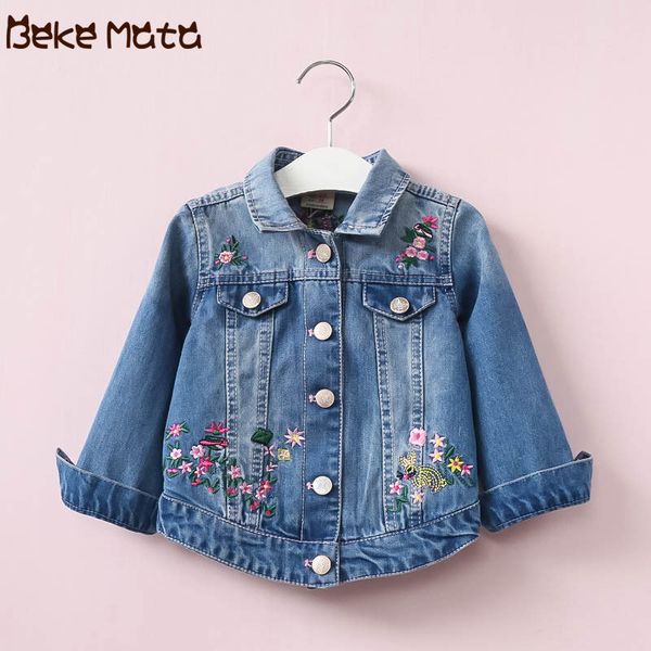 

denim coats 2020 spring flower embroidery kids girl jackets jean clothes fashion turn down collar children outerwear 3-9y, Blue;gray