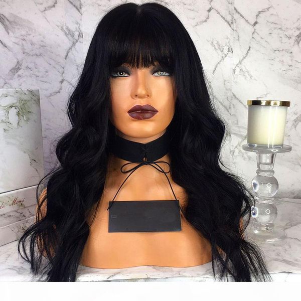 

full lace fringe wig brazilian body wave 13x6 lace front human hair wigs with bangs 360 lace frontal wigs preplucked natural hairline, Black