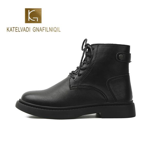 

katelvadi lace up ankle boots split leather round toe soild med heel women shoes work winter boots xyl-004, Black