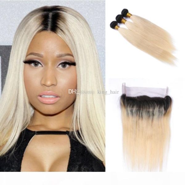 

new arrival blonde ombre color 1b 613 silky straight 2 tone hair bundles with 360 lace band frontal 4pcs lot dark root, Black