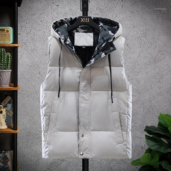 

2021 men's autumn winter cotton-padded hood vest waistcoat fashion camouflage thick warm sleeveless winter jacket zipper coat1, Black;white