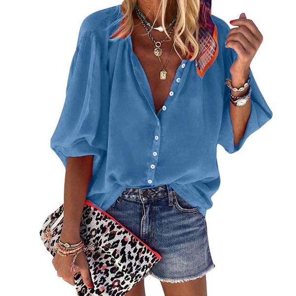 

women's blouses & shirts womens and 2021 summer solid office women shirt v-neck long sleeve loose ladies streetwear plus size blouse, White