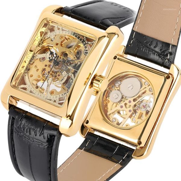

rectangle gold hand-wind mechanical watches for men black leather band watch for teenagers skeleton transparent watch man1, Slivery;brown