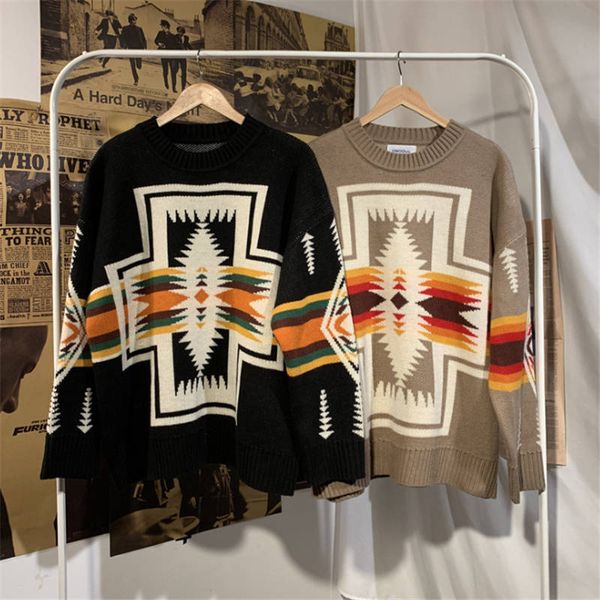 

2020 amazon men's sweater autumn and winter new trend men and women ethnic pattern knit sweater warm contrast black brown sweater size, White;black