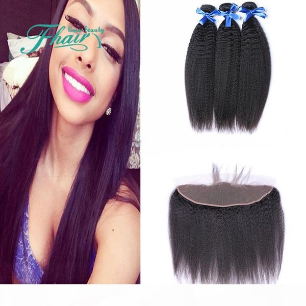 

8a indian yaki straight hair with 13x4 lace frontal closure italian coarse yaki 3bundles hair weaves with frontals 4pcs lot, Black