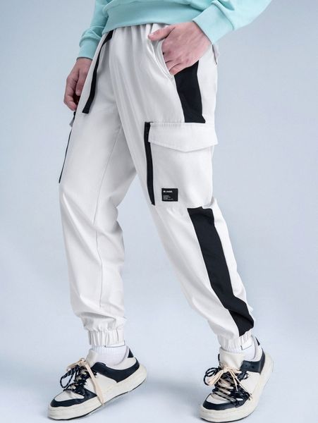 

men contrast panel slogan patched detail flap pocket pants u1kt#, Black