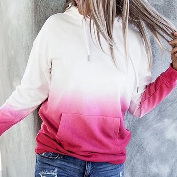 

autumn ladies hoodies gradient color casual hooded long sleeves pullover fashion female front pocket loose hoodies, Black