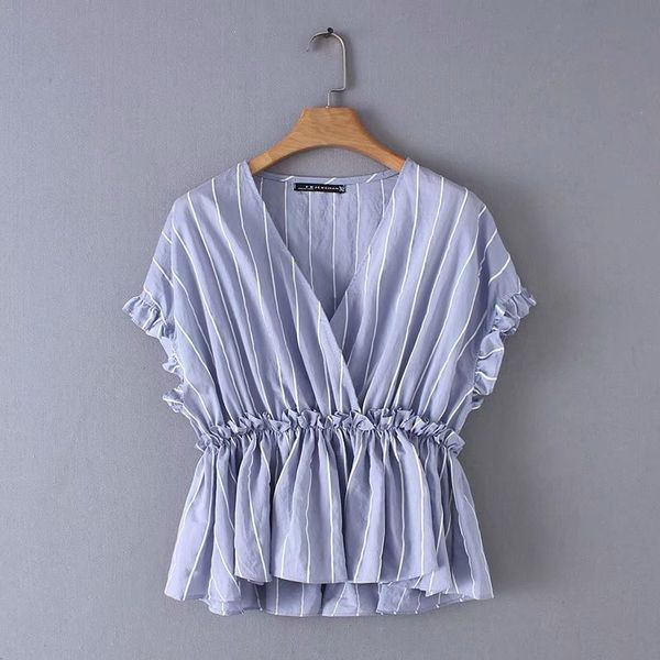 

women fashion agaric lace striped blouse shirts women cross v neck ruffles chemise chic casual femininas blusas ls3343 y200422, White